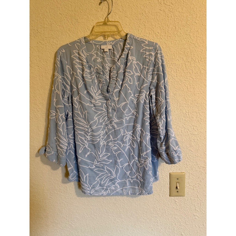 J. Jill Womens Blue Cotton Embroidered Tropical Leaf Split Neck Blouse Size M